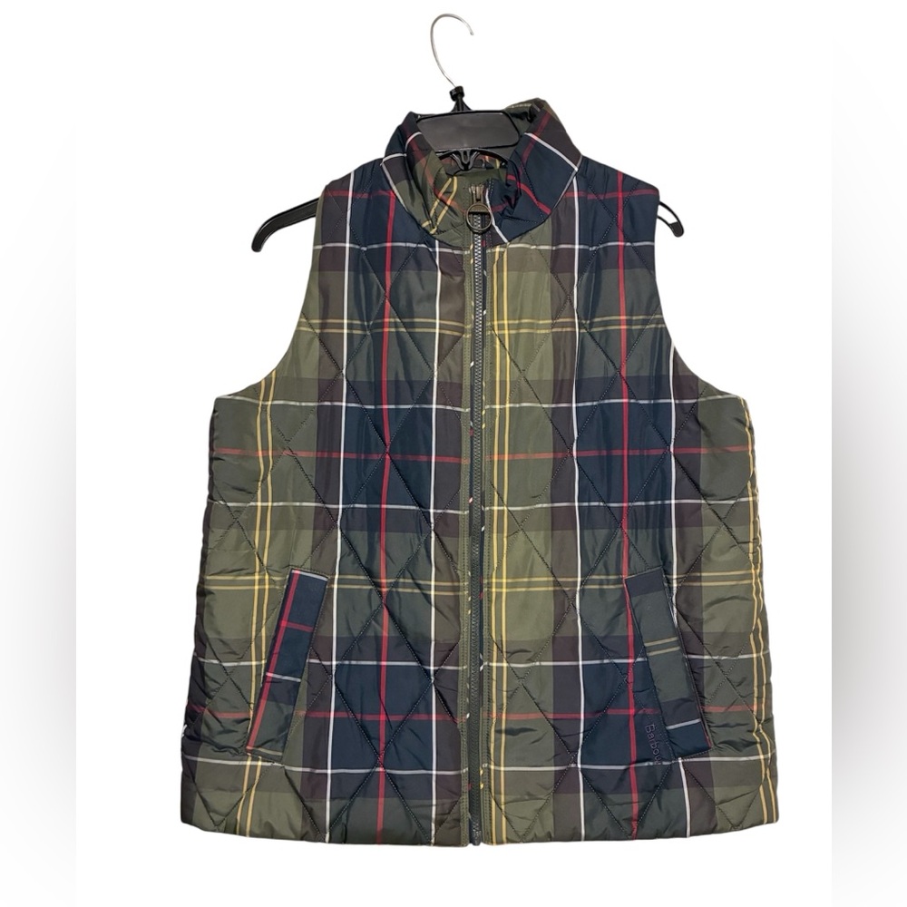Barbour Quilted Plaid Vest in Olive, Navy & Red